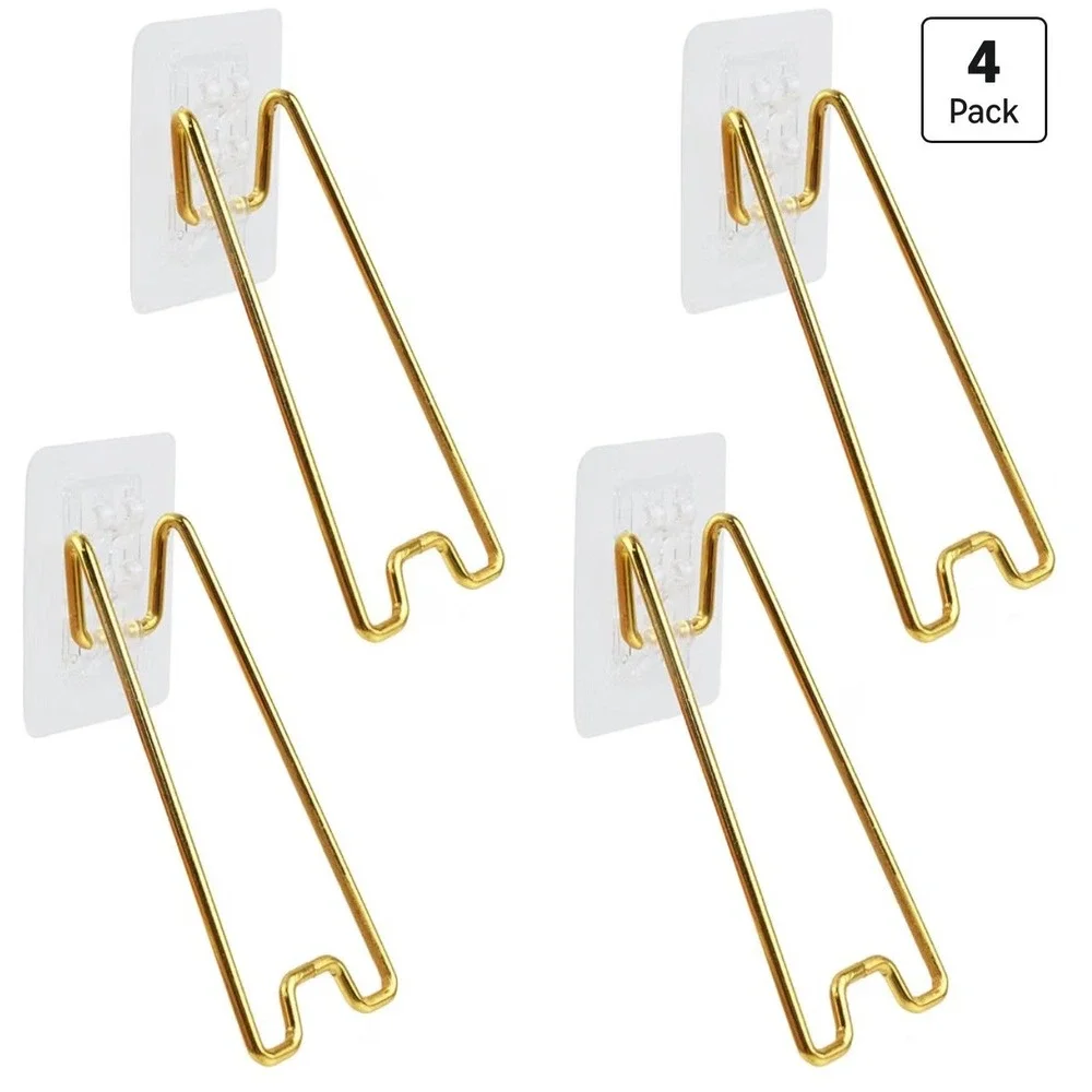 Crapyi 4 Pack Gold Picture Frame Display Hangers Adhesive Wall Mount Wire Stands